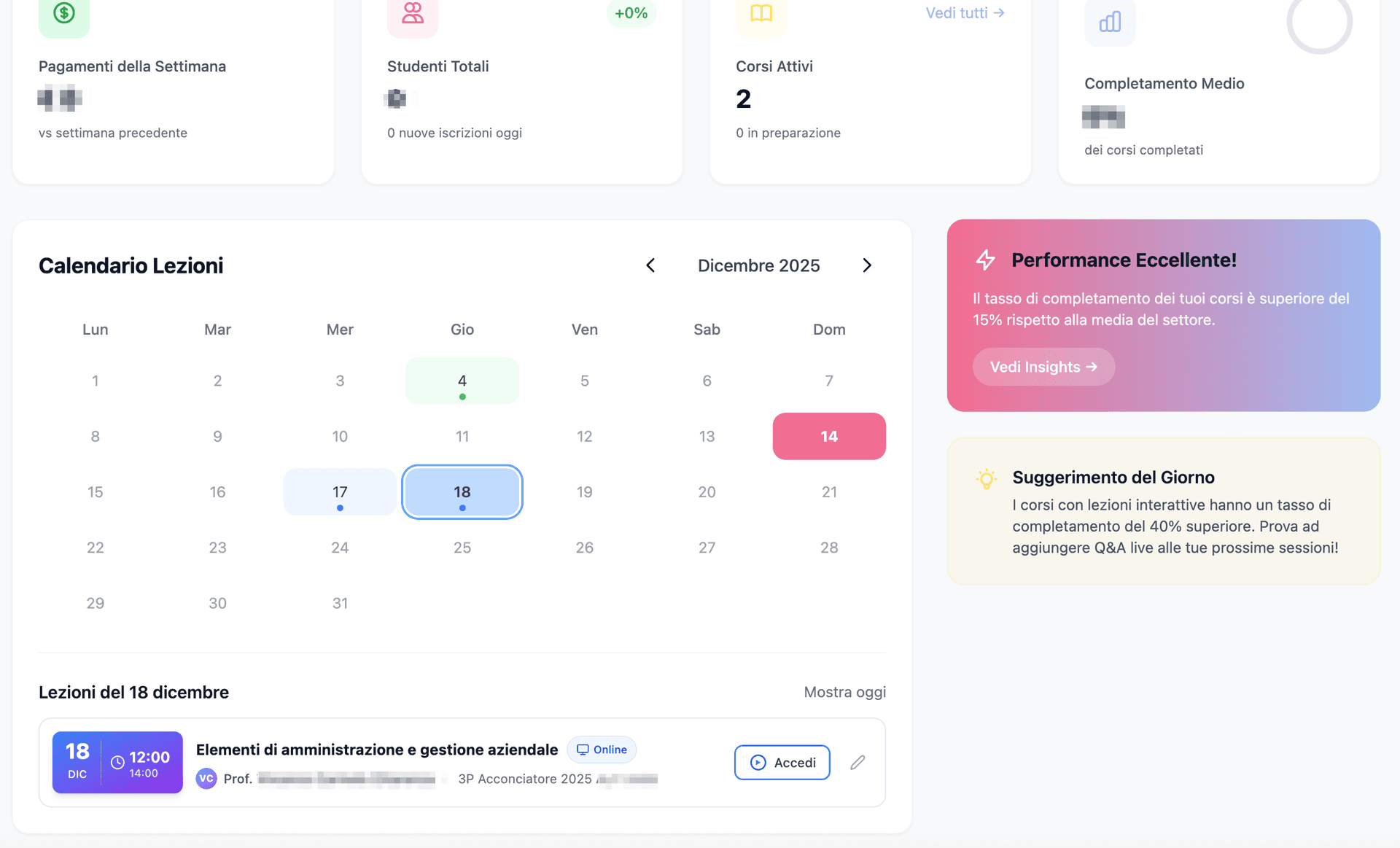 Calendario lezioni